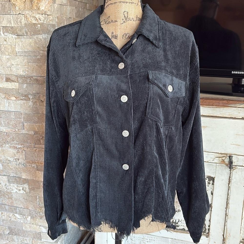 Zenana black corduroy raw hem jean jacket style shirt button down lightweight